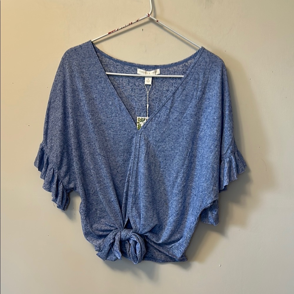 Chelsea & Violet blue V- neck ruffle sleeve tie front short shirt size small NWT
